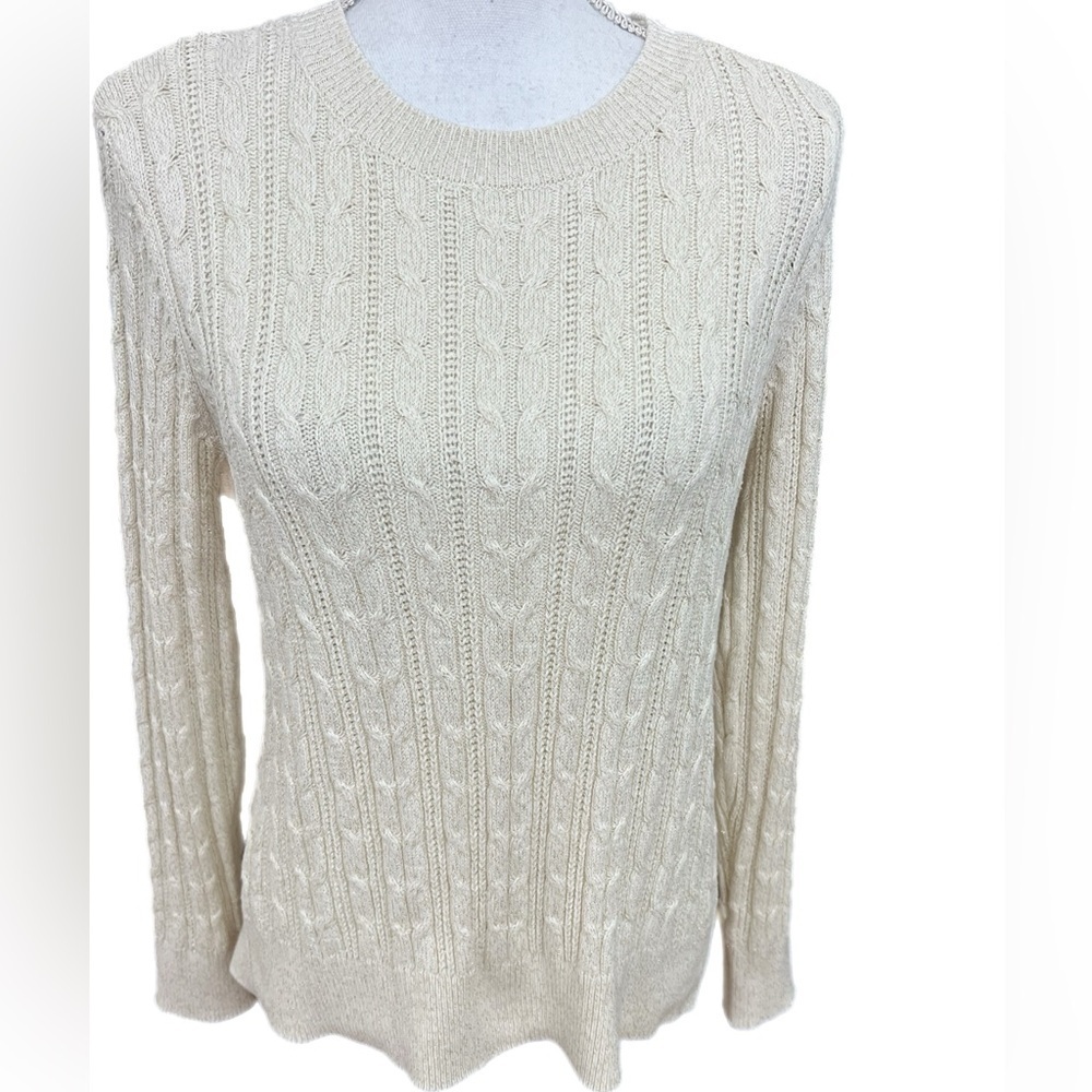 Charter Club Cream Cable Knit Sweater with   Buttons W/gold Threading.  Size PM